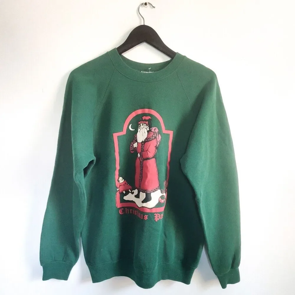 Vintage 90s 1991 Dickens Christmas Past Creepy Santa Graphic Green Sweatshirt LG
